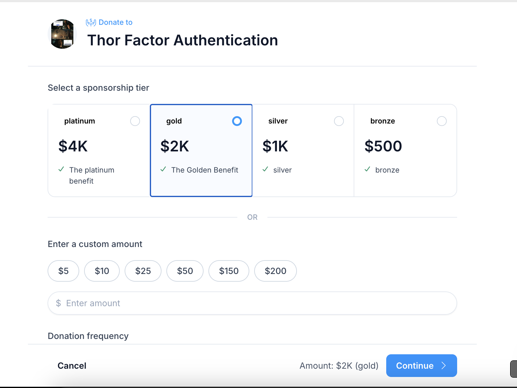 Sponsorship tiers shown in the donation flow