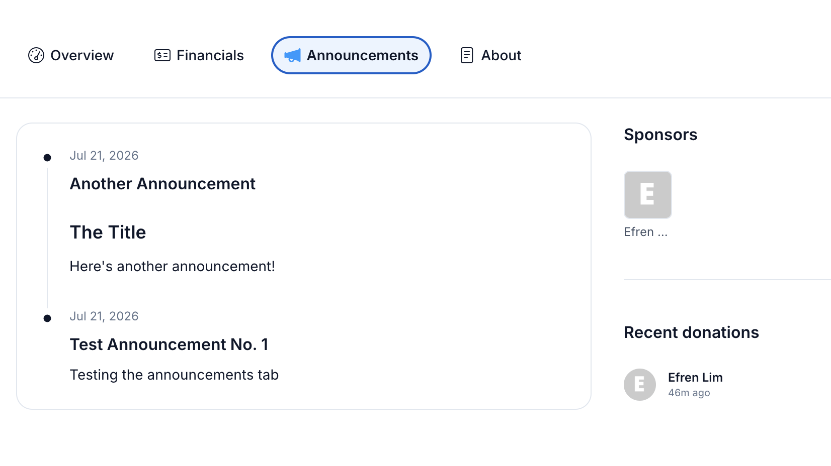 Announcements timeline on initiative page