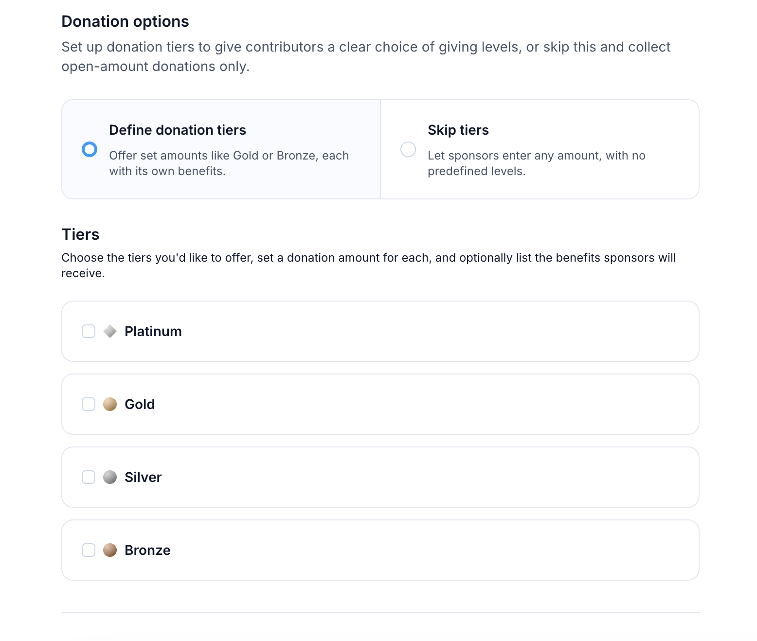 Donation options step — choose fixed tiers