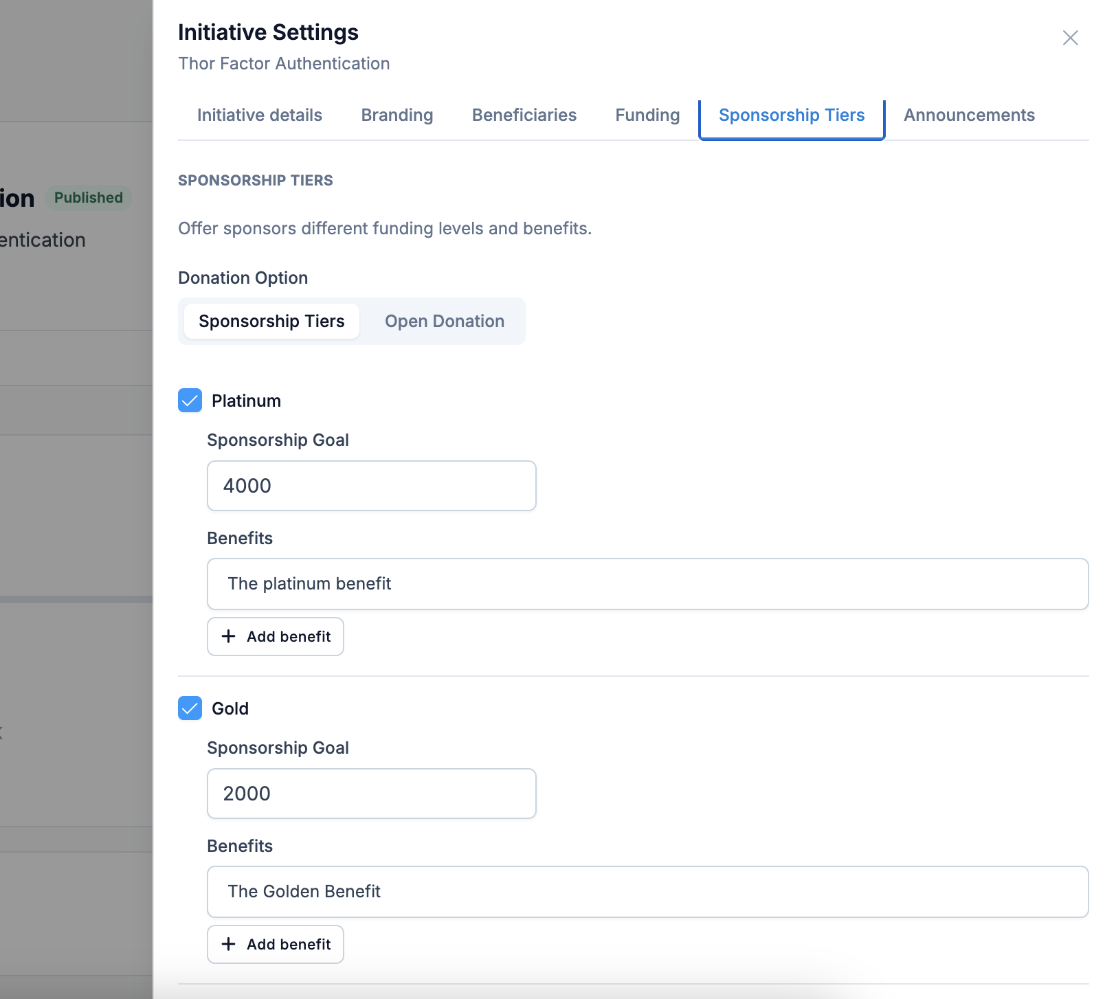 Self Serve sponsorship tiers tab